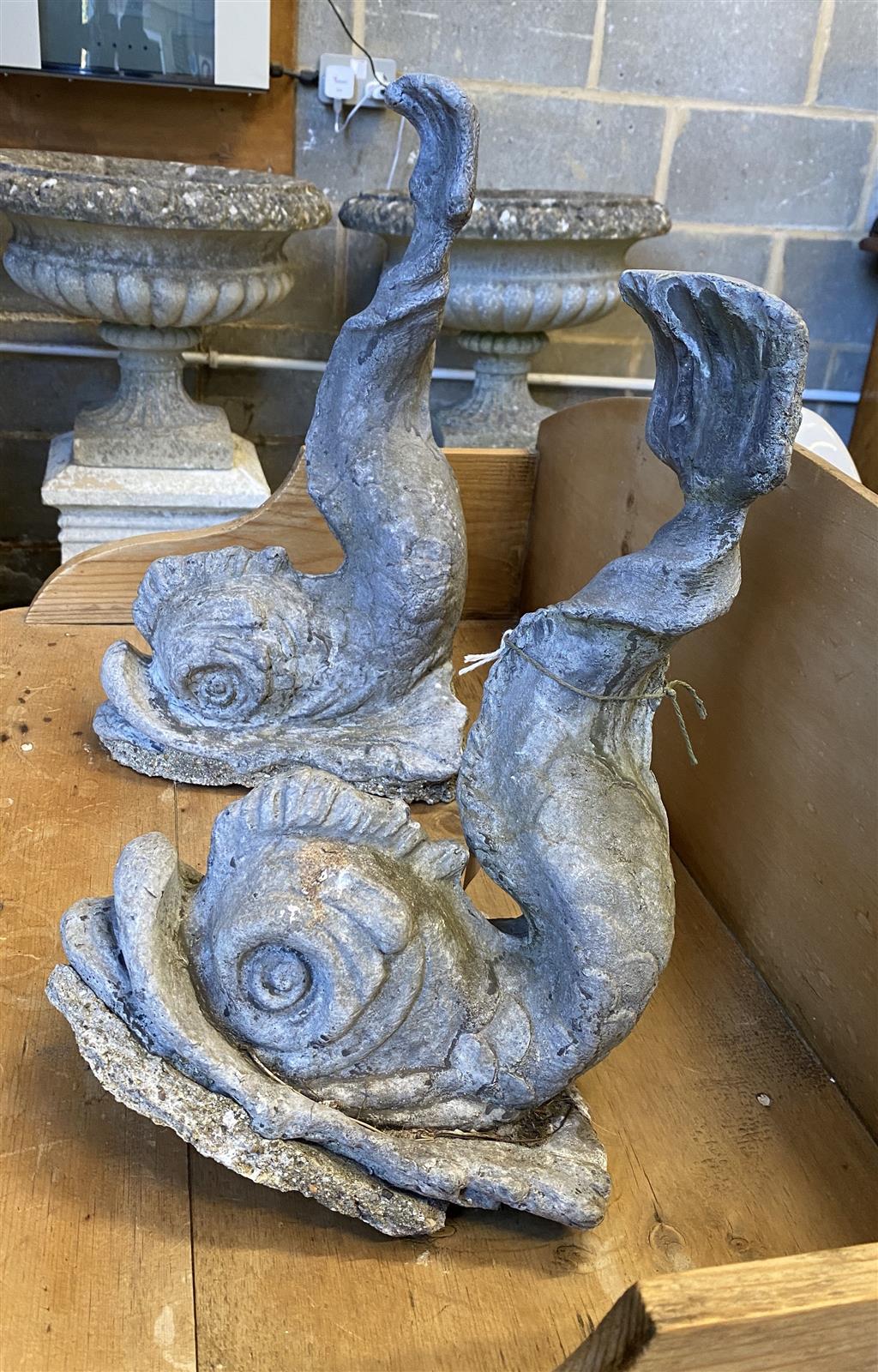 Two cast lead Florentine style dolphin garden ornaments, height 39cm